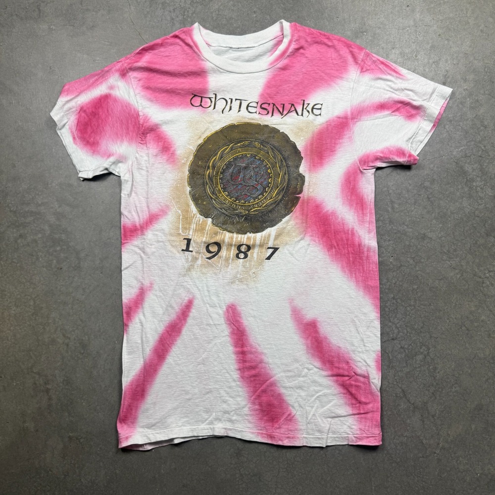 Vintage Whitesnake‎ Band Tour 1987 Shirt Mens Large White Pink Tie Dye Preowned
